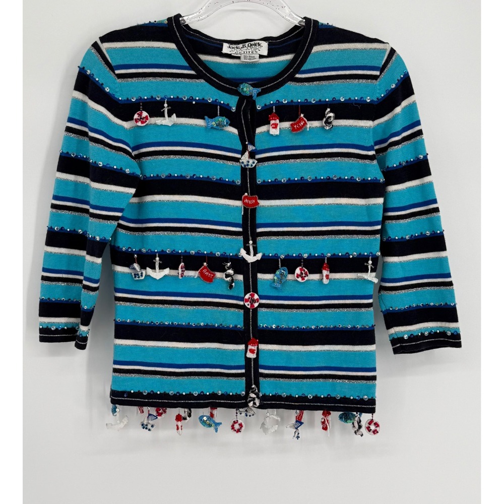 Jack B Quick Nautical Cardigan Blue Striped Sequin Charm Sweater Petite Sz SP